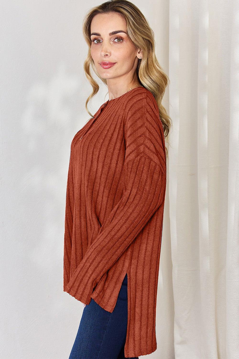 Basic Bae Full Size Ribbed Half Button Long Sleeve High-Low T-Shirt - Clothes For Her Online Store