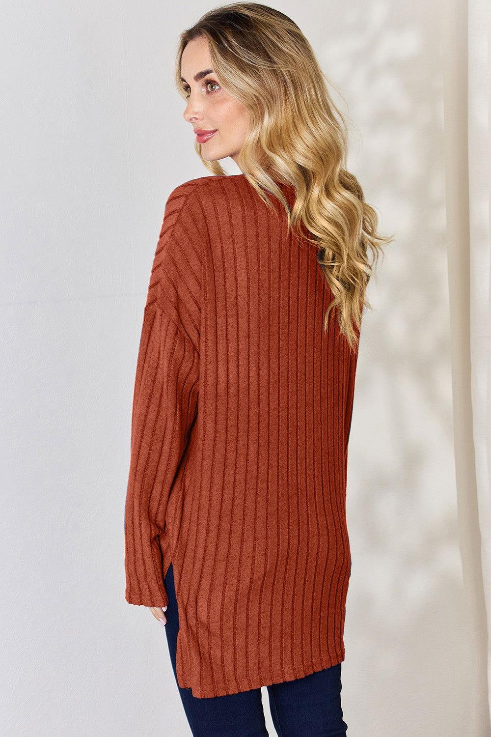Basic Bae Full Size Ribbed Half Button Long Sleeve High-Low T-Shirt - Clothes For Her Online Store