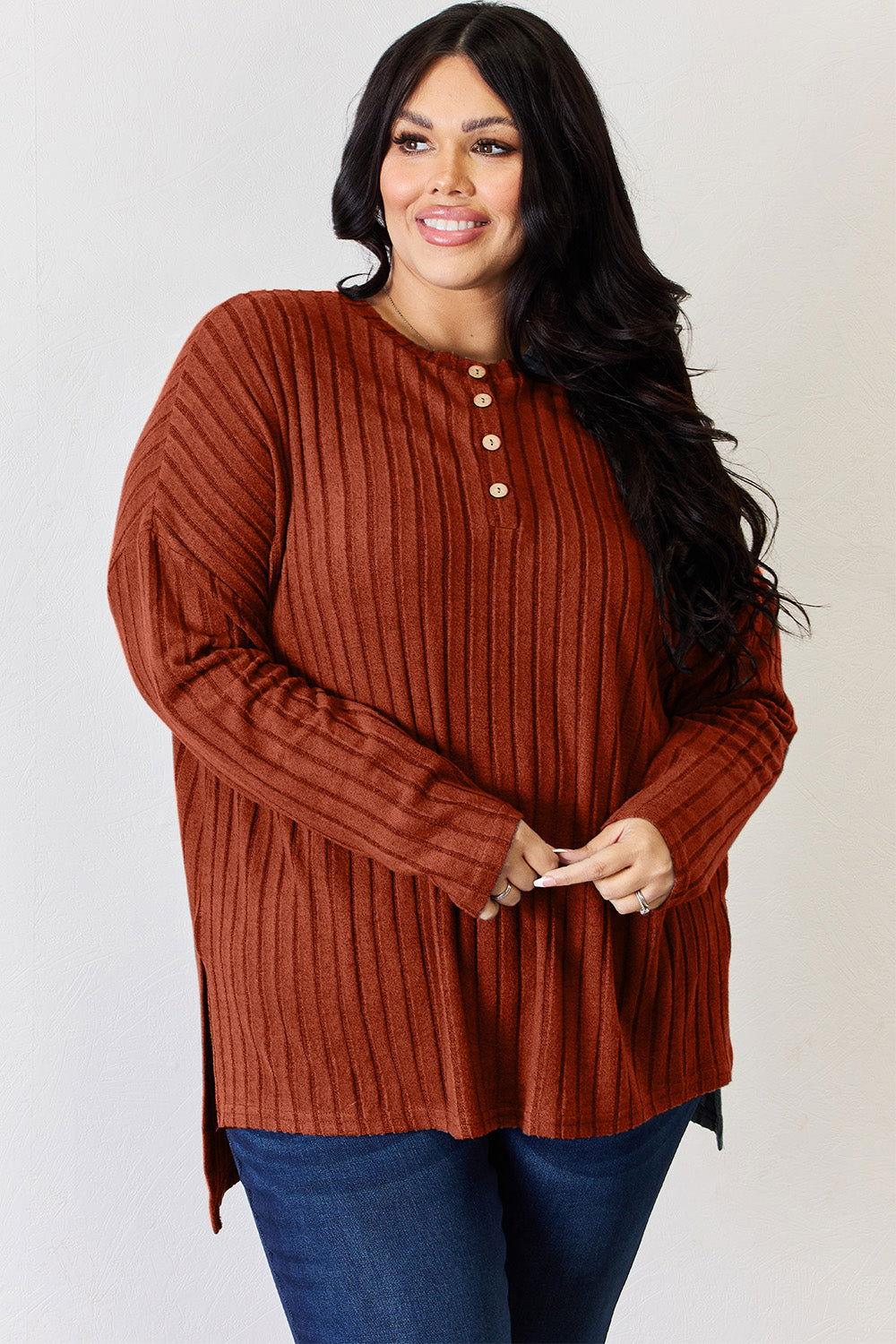 Basic Bae Full Size Ribbed Half Button Long Sleeve High-Low T-Shirt - Clothes For Her Online Store
