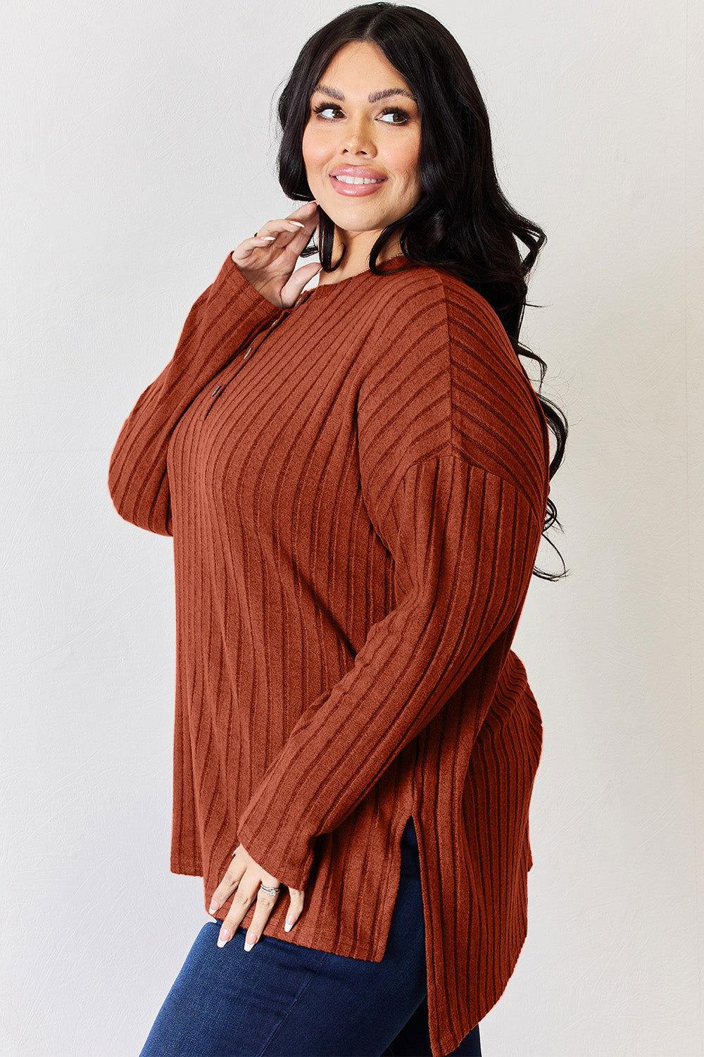 Basic Bae Full Size Ribbed Half Button Long Sleeve High-Low T-Shirt - Clothes For Her Online Store