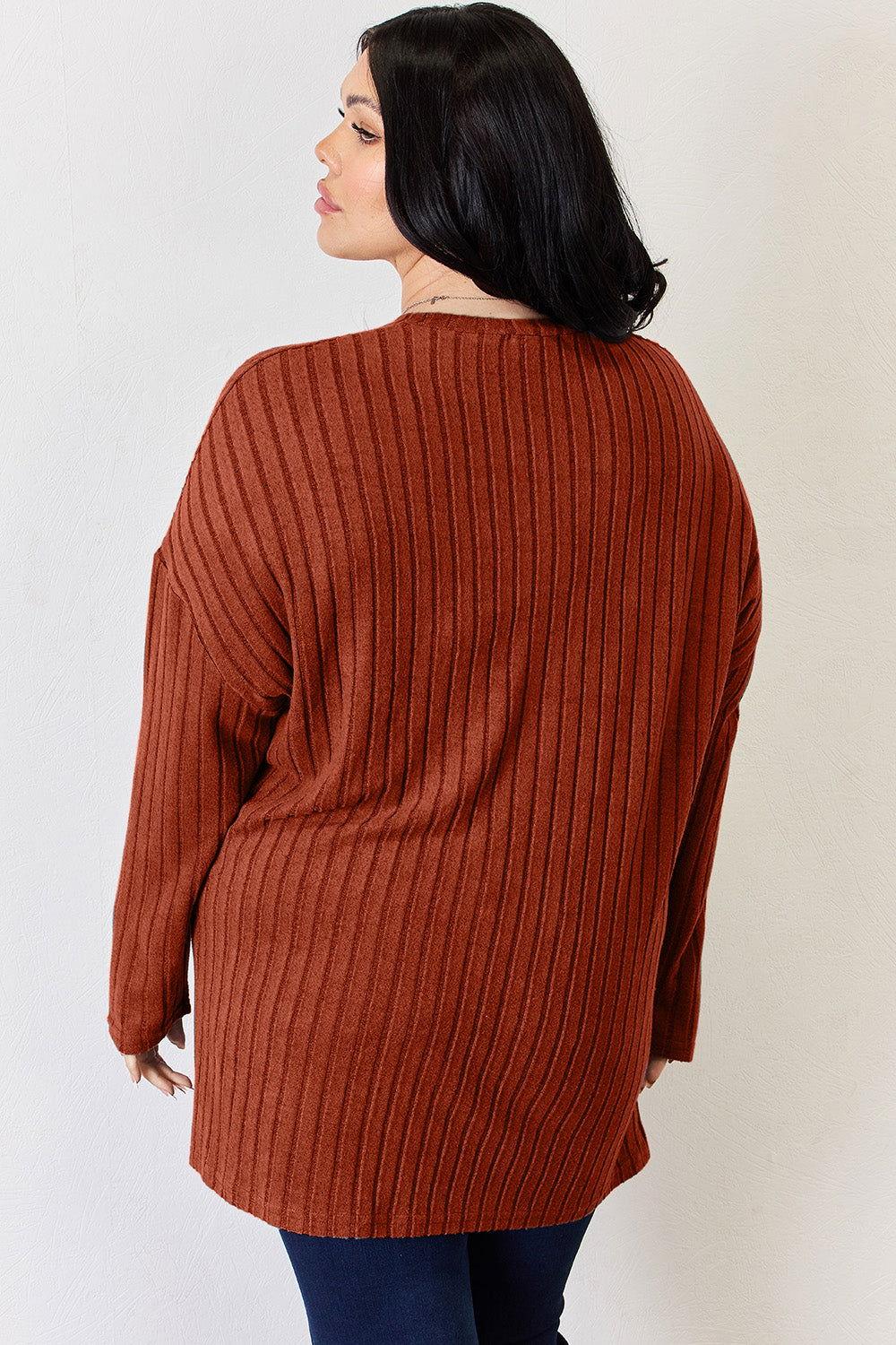 Basic Bae Full Size Ribbed Half Button Long Sleeve High-Low T-Shirt - Clothes For Her Online Store