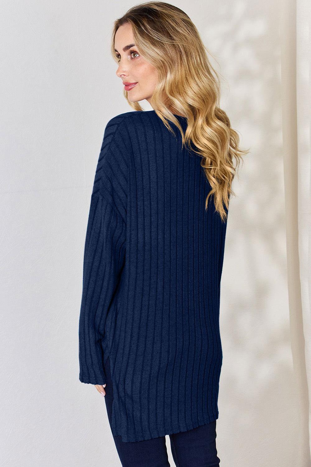 Basic Bae Full Size Ribbed Half Button Long Sleeve High-Low T-Shirt - Clothes For Her Online Store