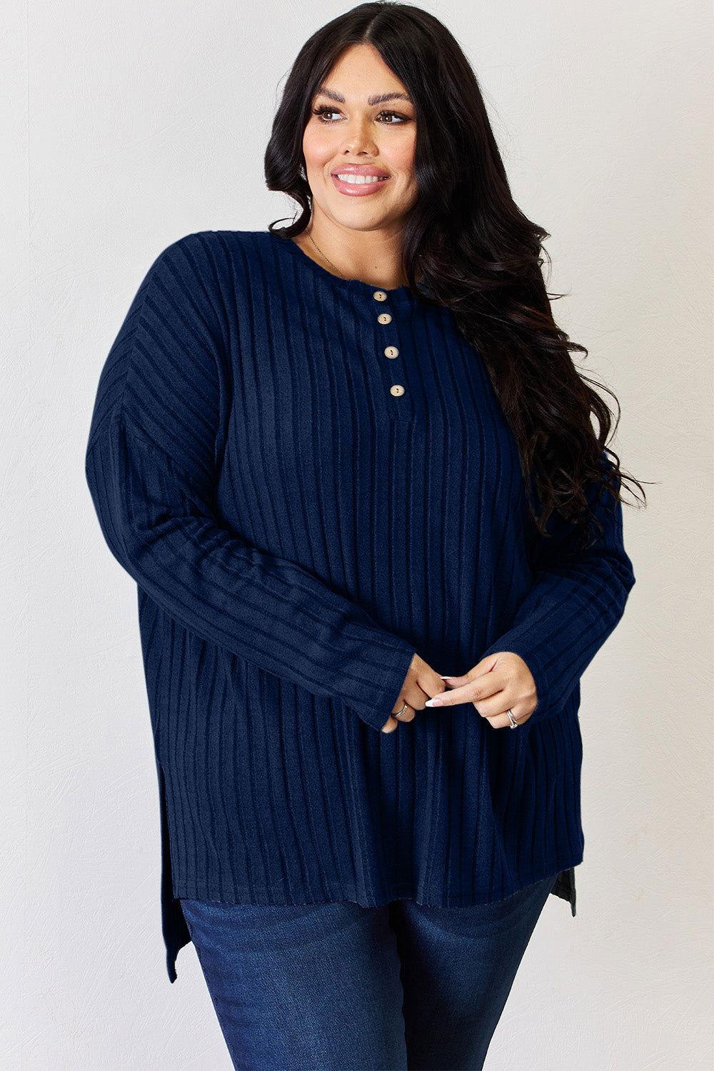 Basic Bae Full Size Ribbed Half Button Long Sleeve High-Low T-Shirt - Clothes For Her Online Store