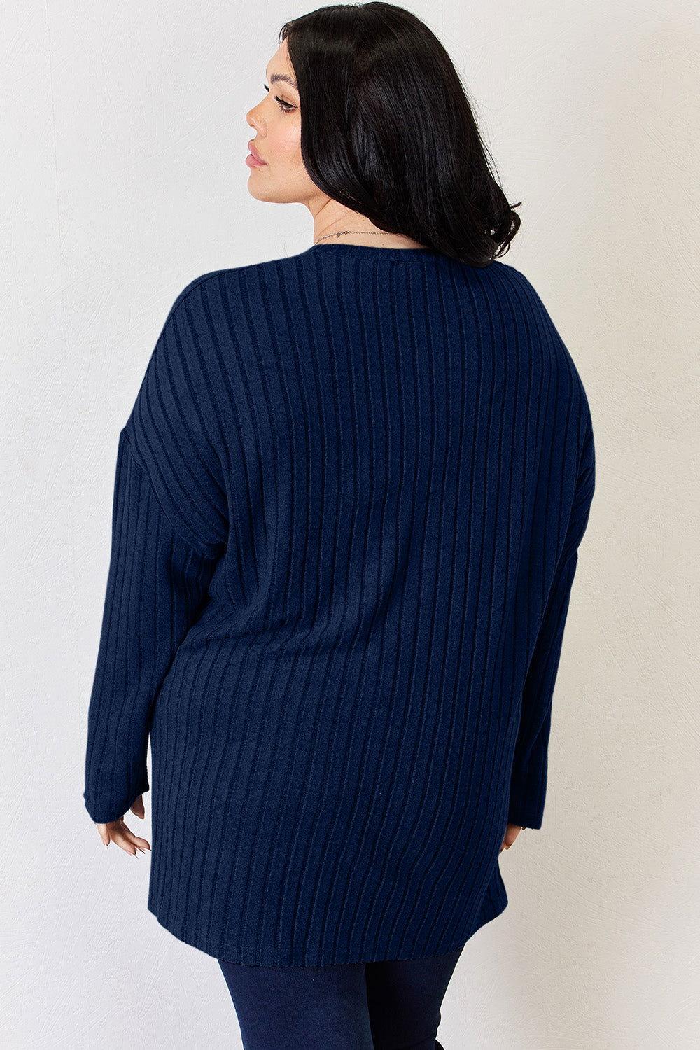 Basic Bae Full Size Ribbed Half Button Long Sleeve High-Low T-Shirt - Clothes For Her Online Store