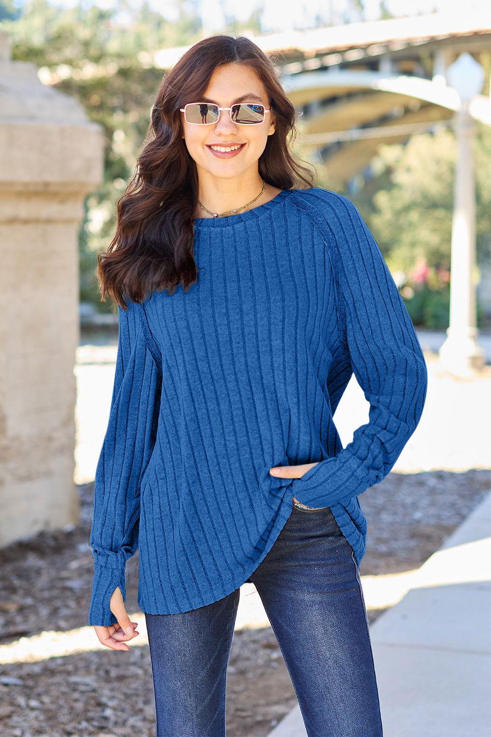 Basic Bae Full Size Ribbed Round Neck Long Sleeve Knit Top - Clothes For Her Online Store
