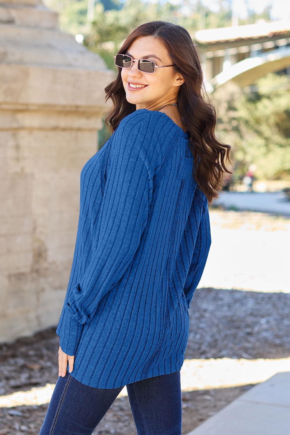 Basic Bae Full Size Ribbed Round Neck Long Sleeve Knit Top - Clothes For Her Online Store