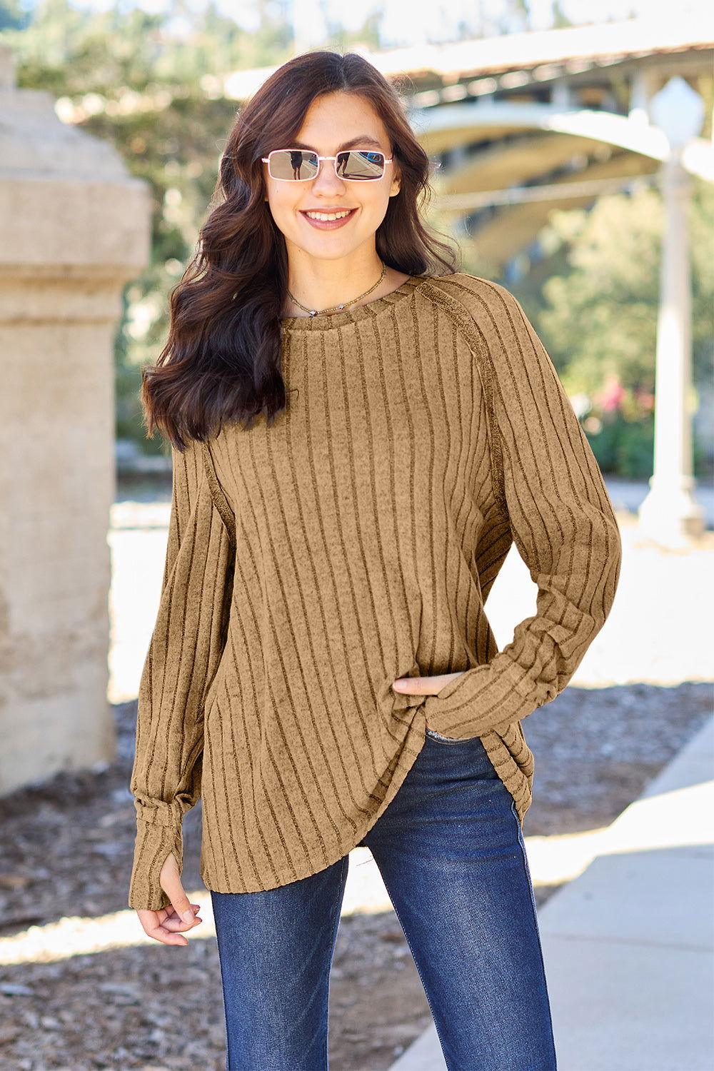 Basic Bae Full Size Ribbed Round Neck Long Sleeve Knit Top - Clothes For Her Online Store