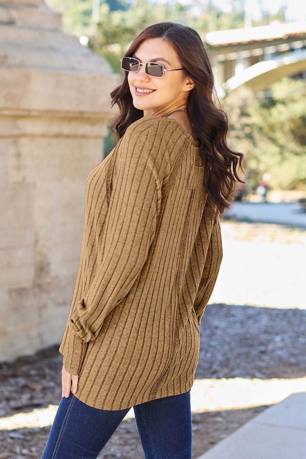 Basic Bae Full Size Ribbed Round Neck Long Sleeve Knit Top - Clothes For Her Online Store