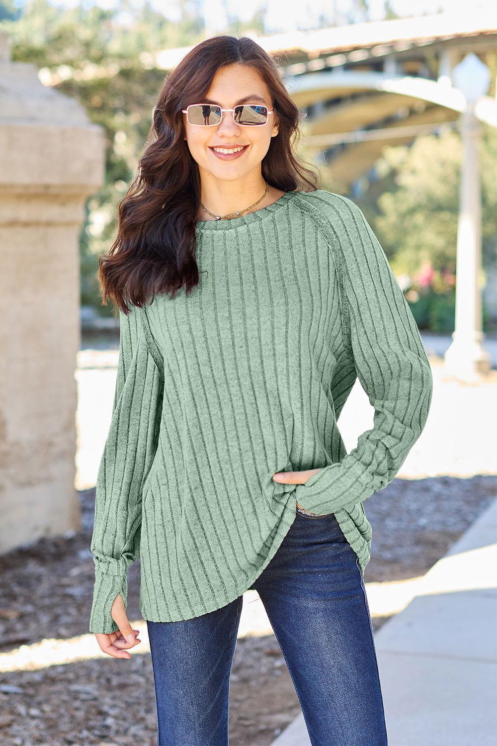 Basic Bae Full Size Ribbed Round Neck Long Sleeve Knit Top - Clothes For Her Online Store