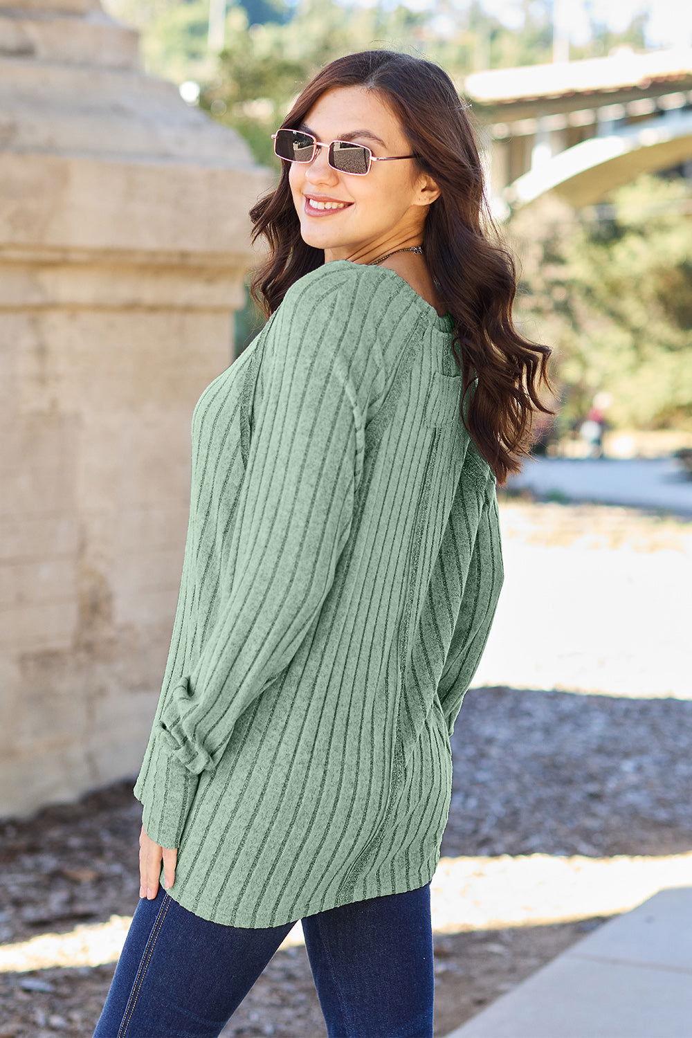 Basic Bae Full Size Ribbed Round Neck Long Sleeve Knit Top - Clothes For Her Online Store