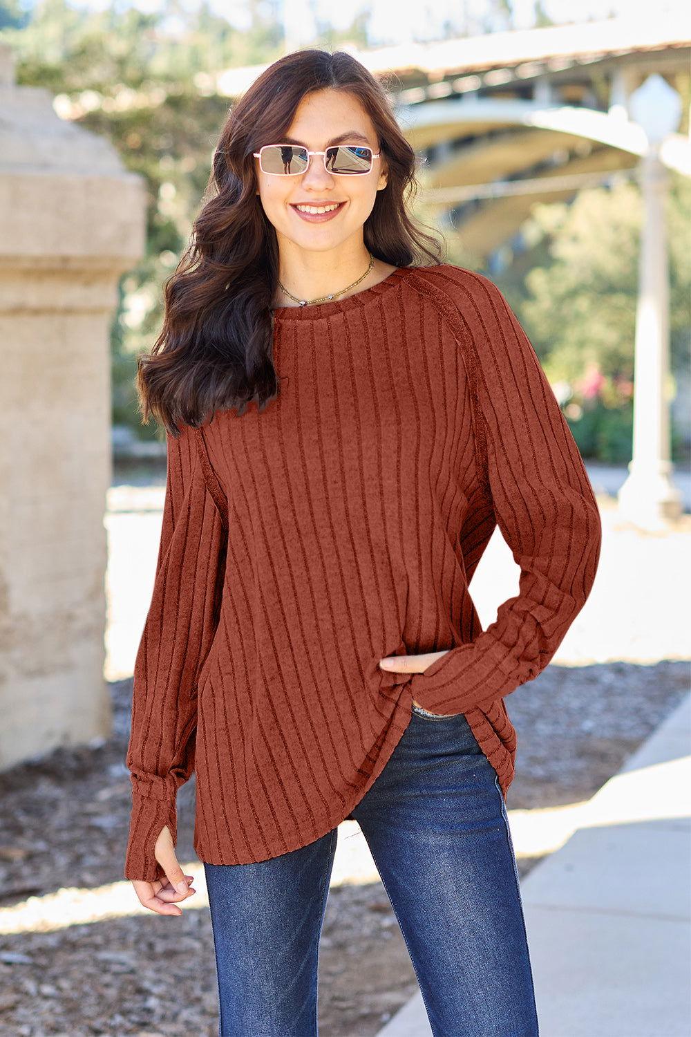 Basic Bae Full Size Ribbed Round Neck Long Sleeve Knit Top - Clothes For Her Online Store
