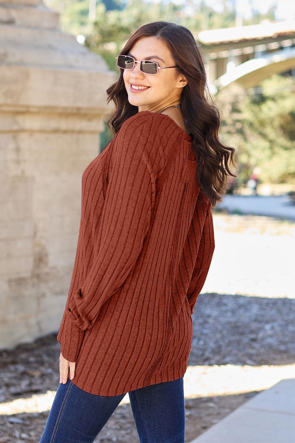Basic Bae Full Size Ribbed Round Neck Long Sleeve Knit Top - Clothes For Her Online Store