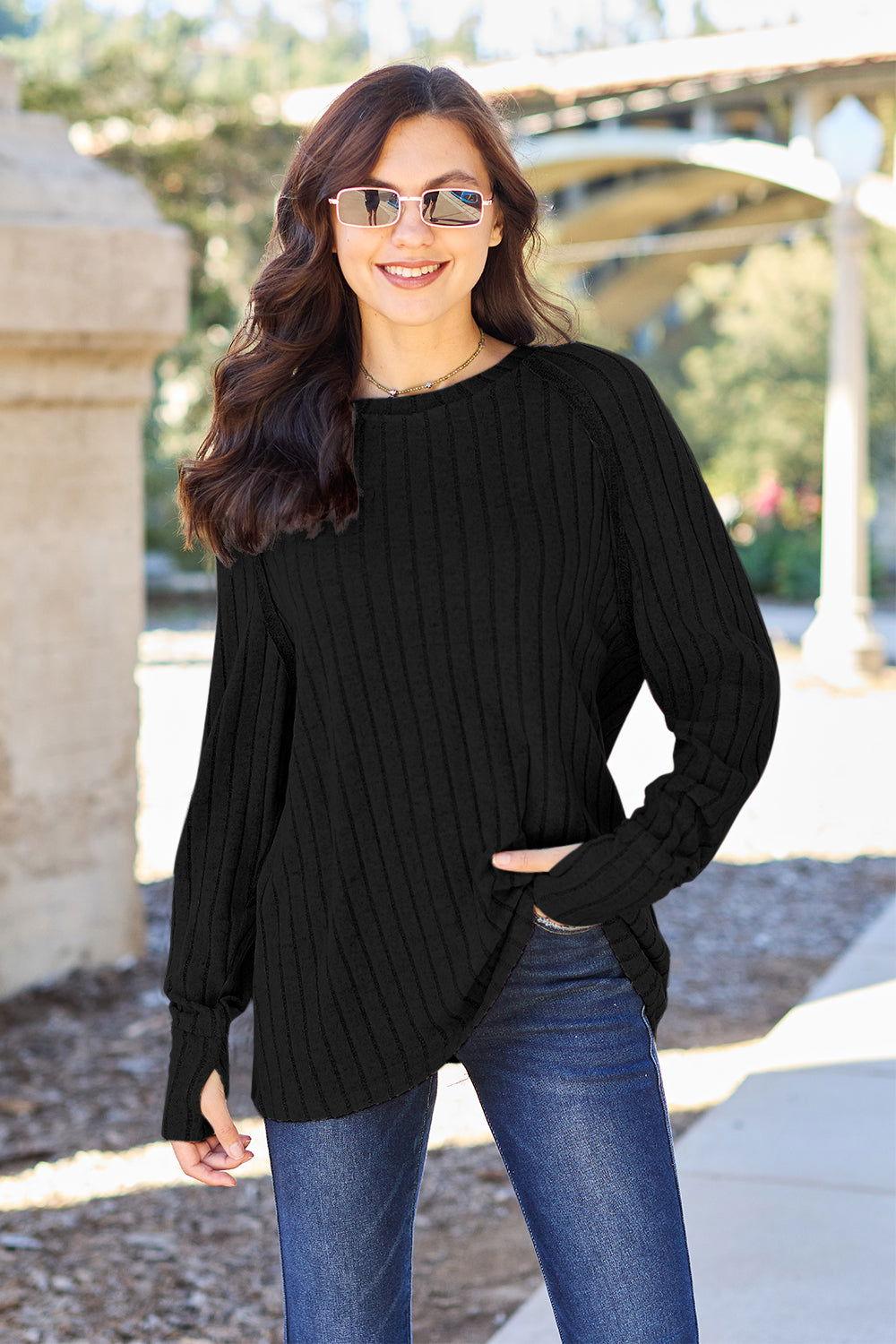 Basic Bae Full Size Ribbed Round Neck Long Sleeve Knit Top - Clothes For Her Online Store