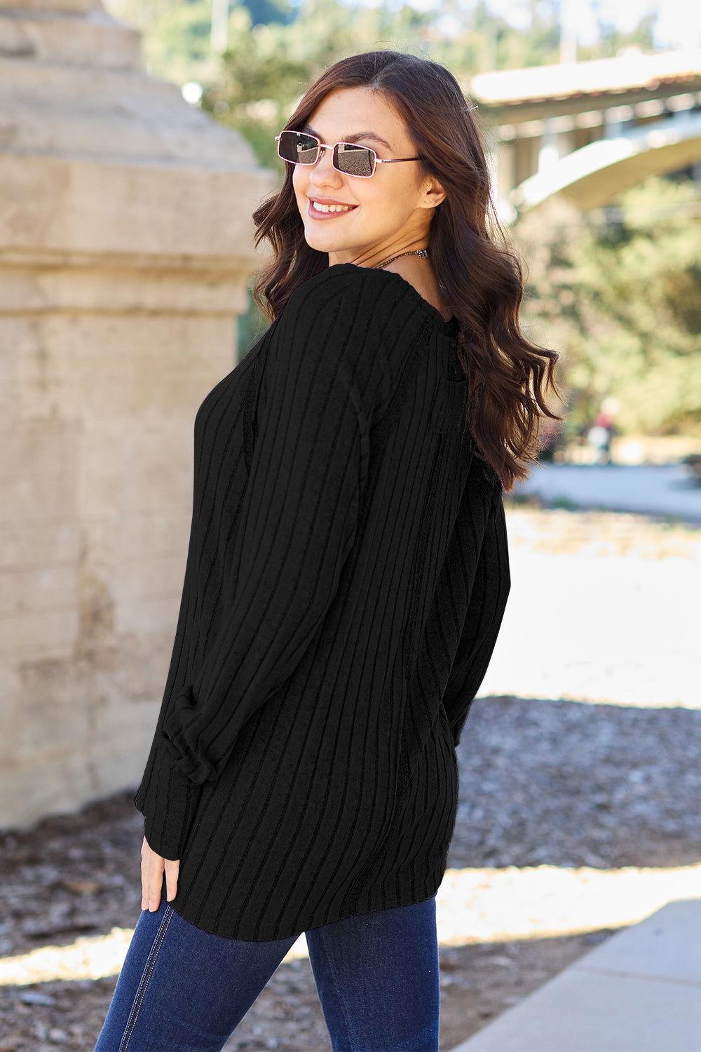 Basic Bae Full Size Ribbed Round Neck Long Sleeve Knit Top - Clothes For Her Online Store