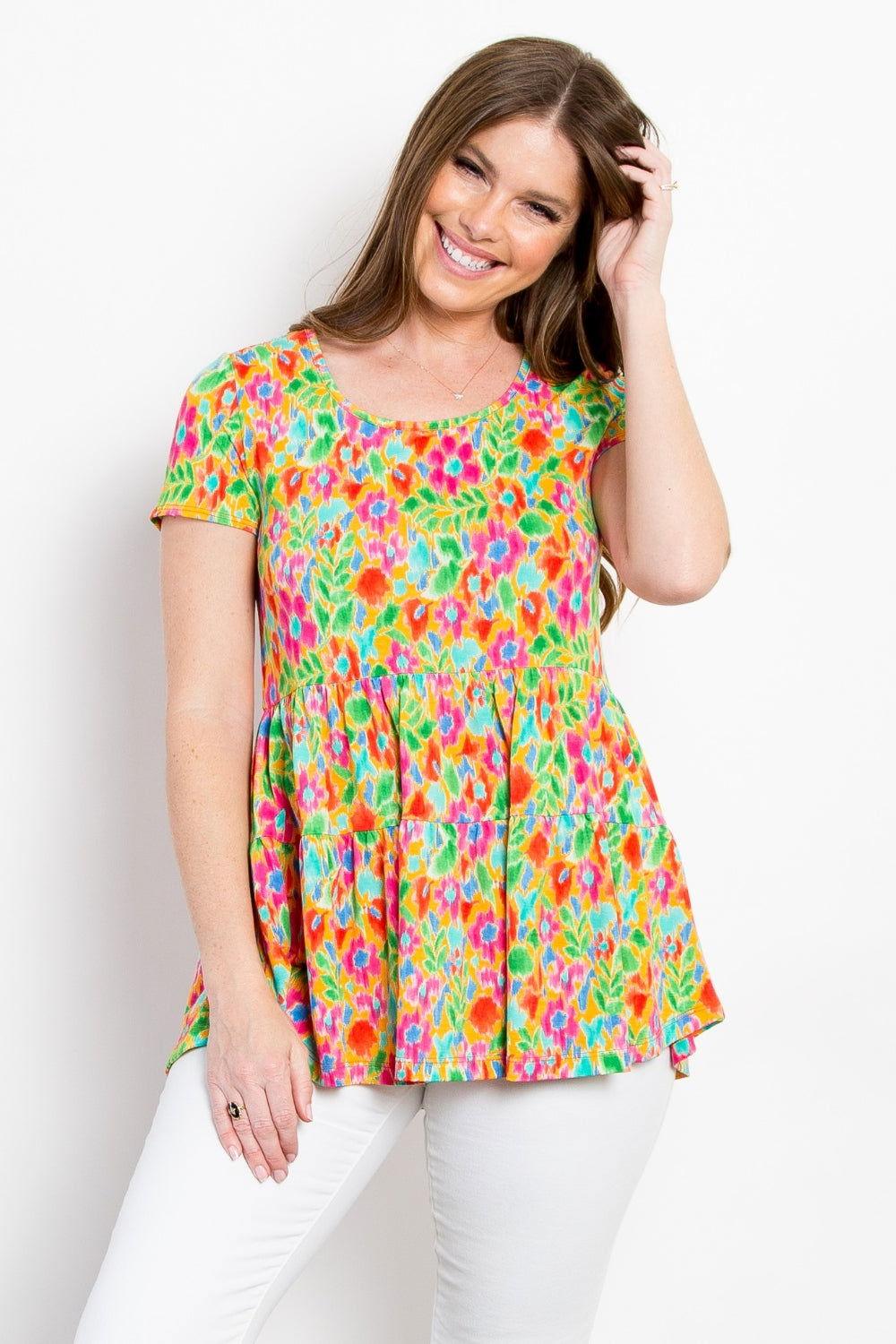 Be Stage Floral Short Sleeve Babydoll Top - Clothes For Her Online Store