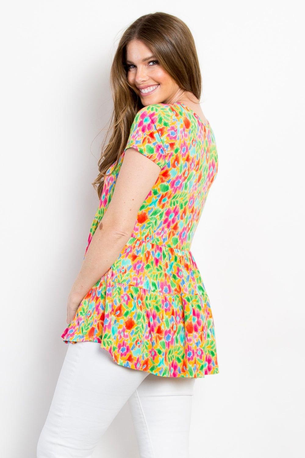 Be Stage Floral Short Sleeve Babydoll Top - Clothes For Her Online Store