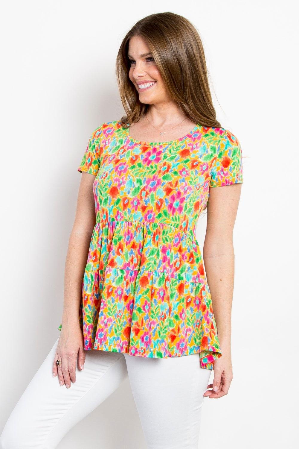 Be Stage Floral Short Sleeve Babydoll Top - Clothes For Her Online Store