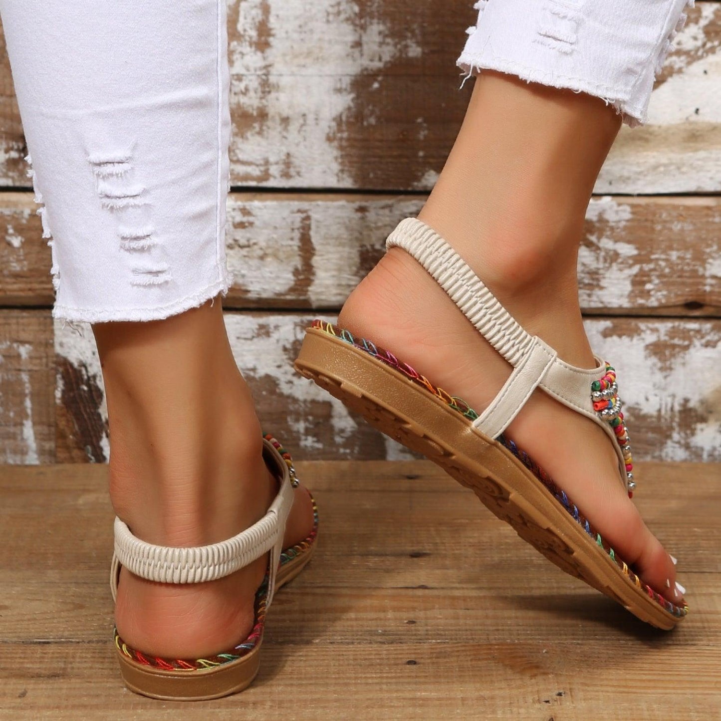 Beaded PU Leather Open Toe Sandals - Clothes For Her Online Store