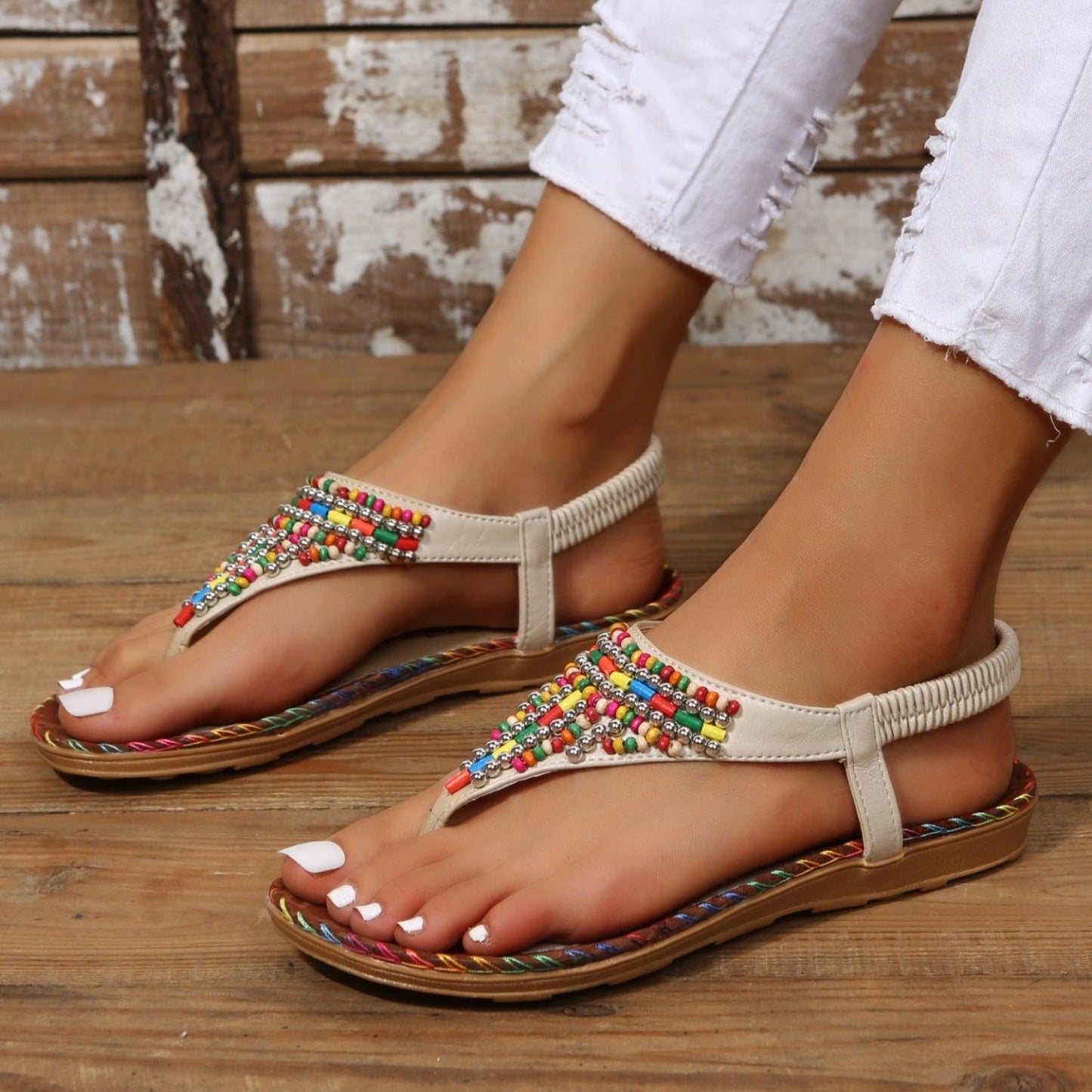 Beaded PU Leather Open Toe Sandals - Clothes For Her Online Store