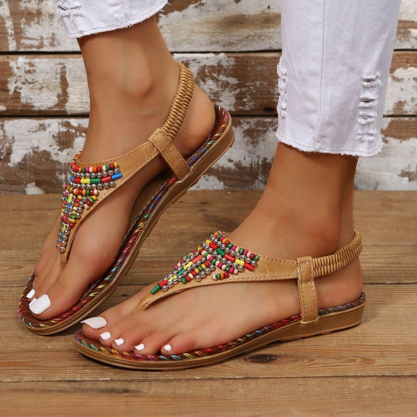 Beaded PU Leather Open Toe Sandals - Clothes For Her Online Store