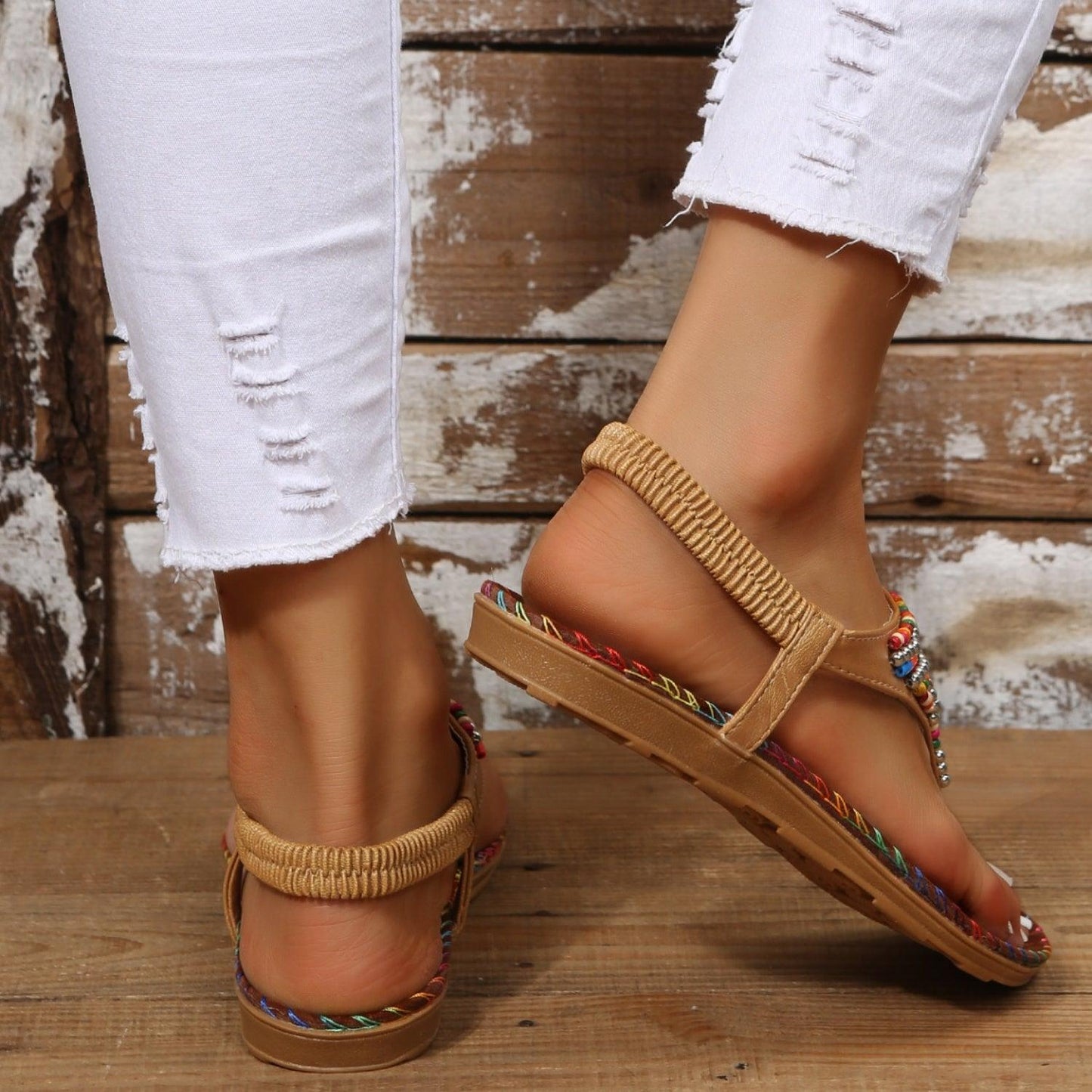 Beaded PU Leather Open Toe Sandals - Clothes For Her Online Store
