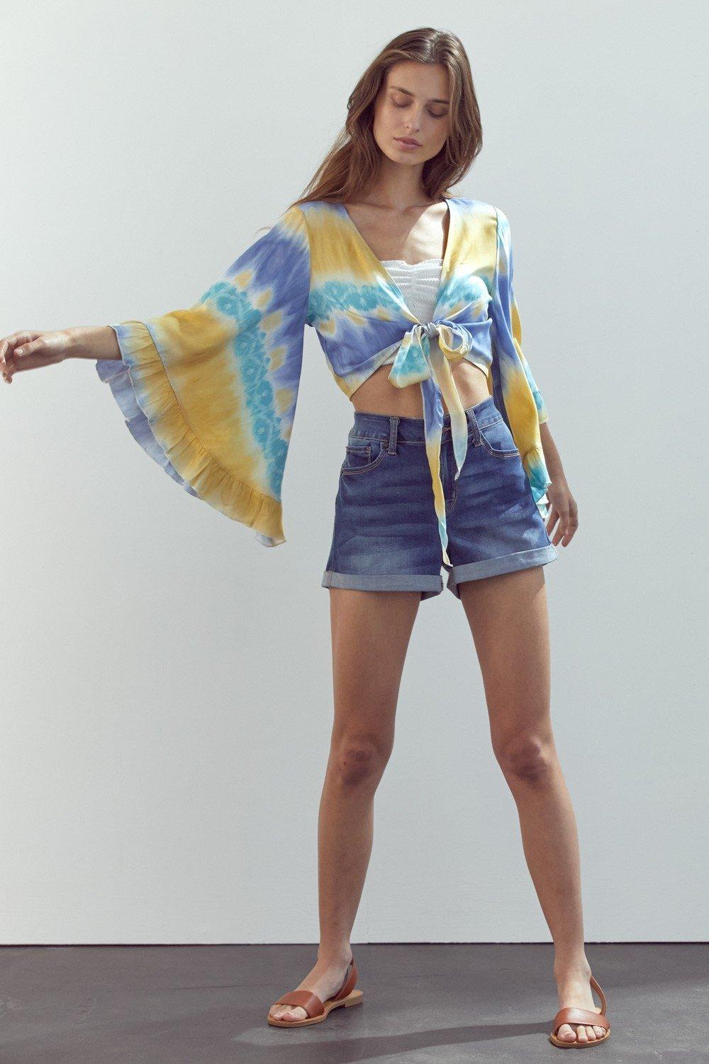 Bell-Sleeve Tie-Dye Crop Top with Flowy Sleeves - Clothes For Her Online Store