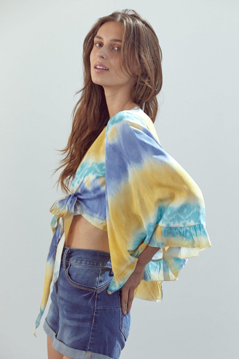 Bell-Sleeve Tie-Dye Crop Top with Flowy Sleeves - Clothes For Her Online Store