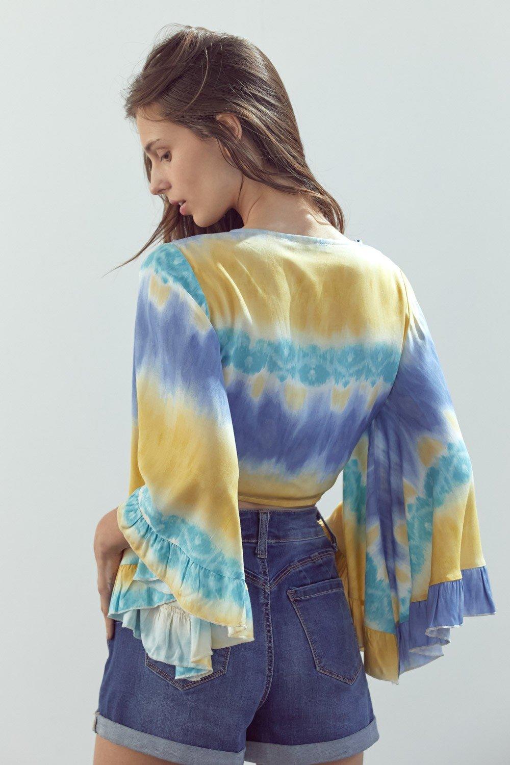 Bell-Sleeve Tie-Dye Crop Top with Flowy Sleeves - Clothes For Her Online Store