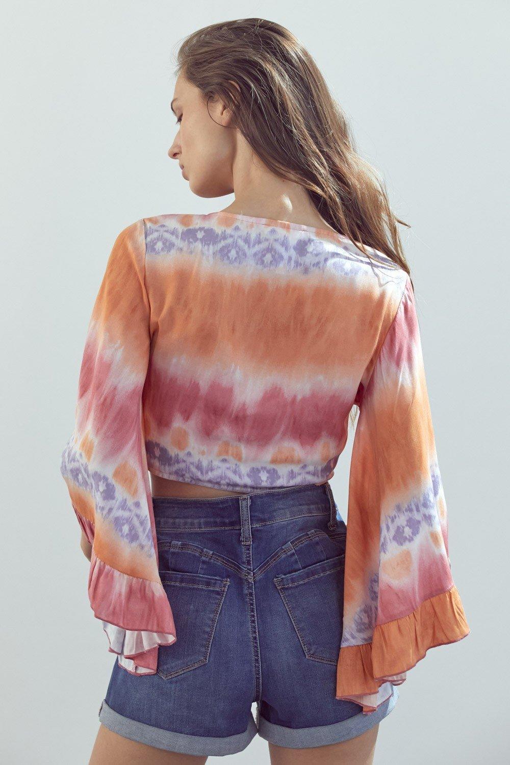 Bell-Sleeve Tie-Dye Crop Top with Flowy Sleeves - Clothes For Her Online Store
