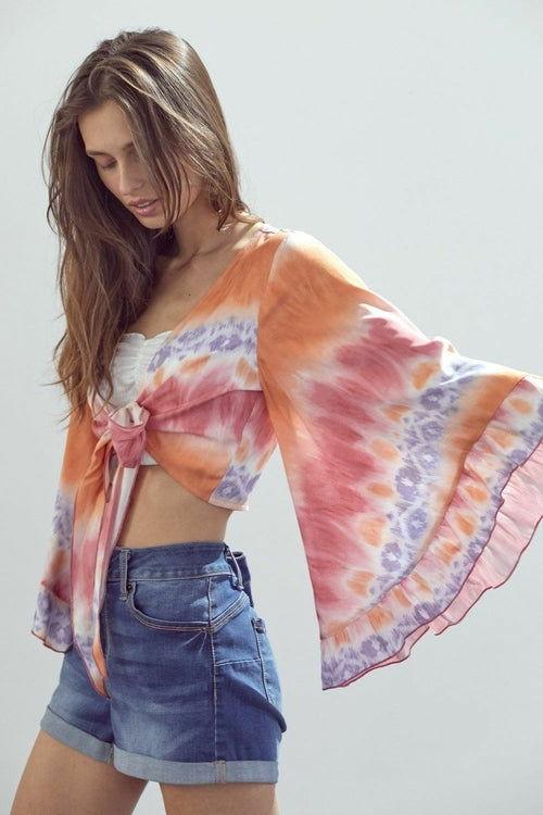 Bell-Sleeve Tie-Dye Crop Top with Flowy Sleeves - Clothes For Her Online Store