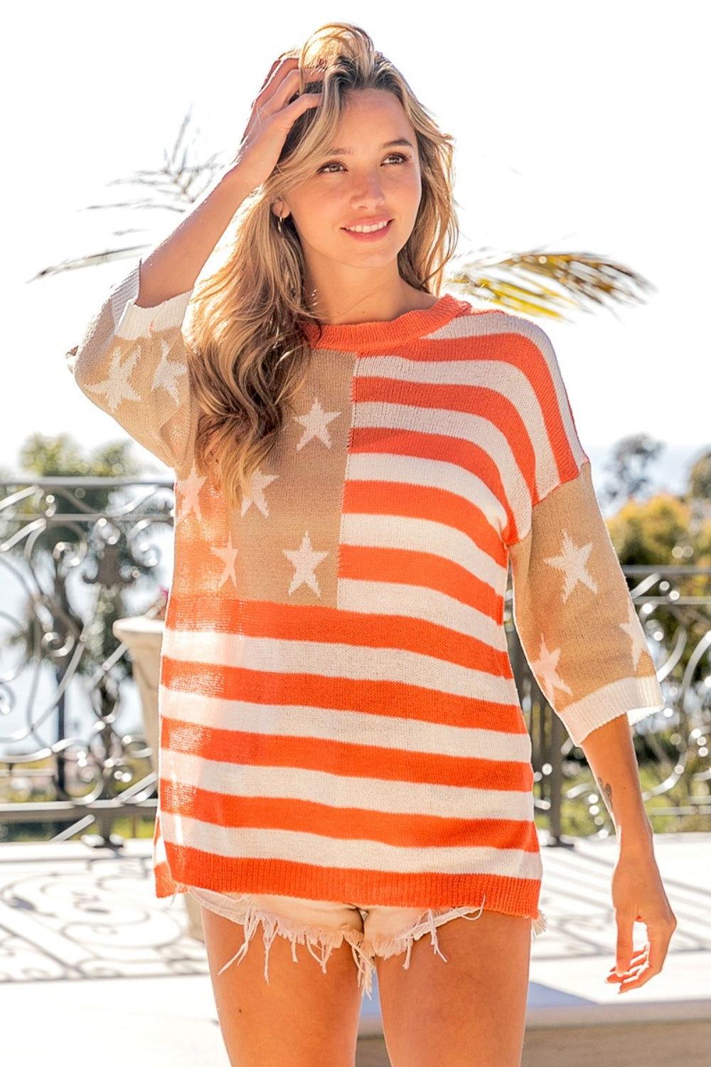 BiBi American Flag Round Neck Knit Top - Clothes For Her Online Store