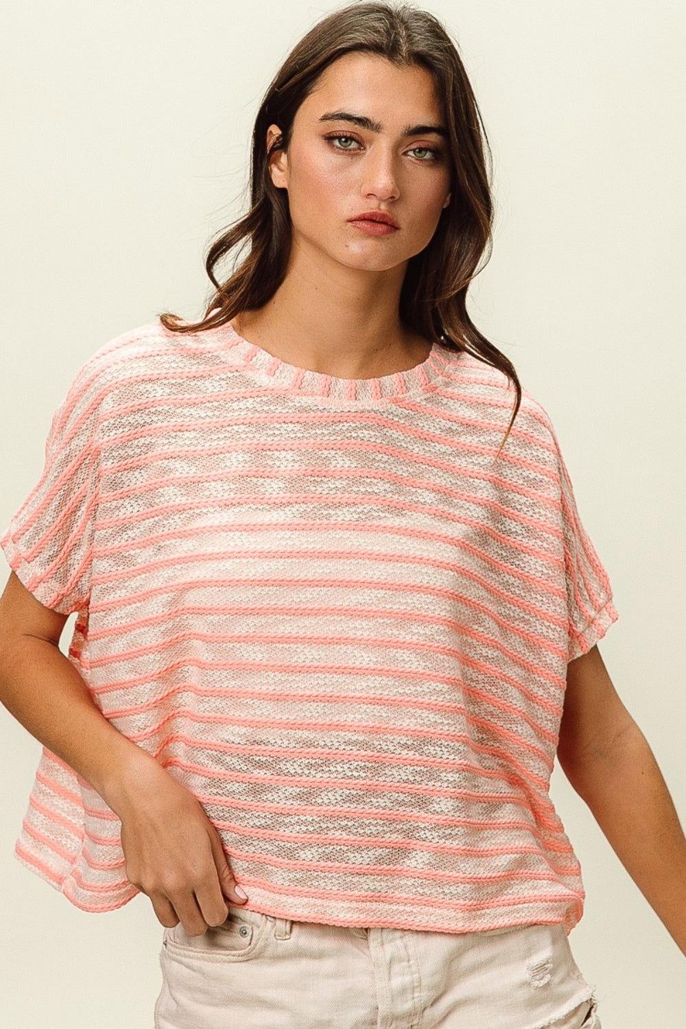 BiBi Braid Striped Short Sleeve Round Neck T-Shirt - Clothes For Her Online Store