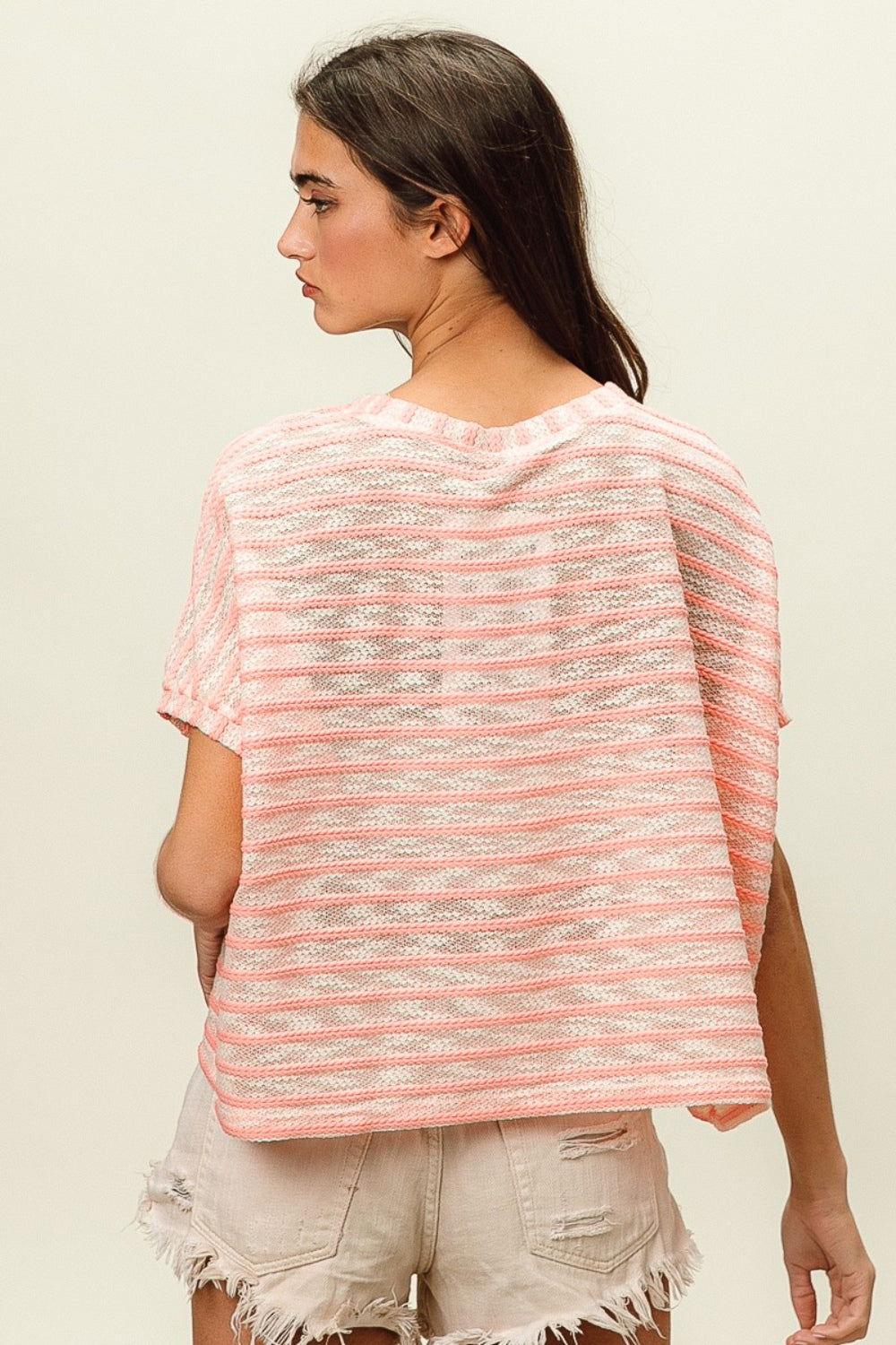 BiBi Braid Striped Short Sleeve Round Neck T-Shirt - Clothes For Her Online Store