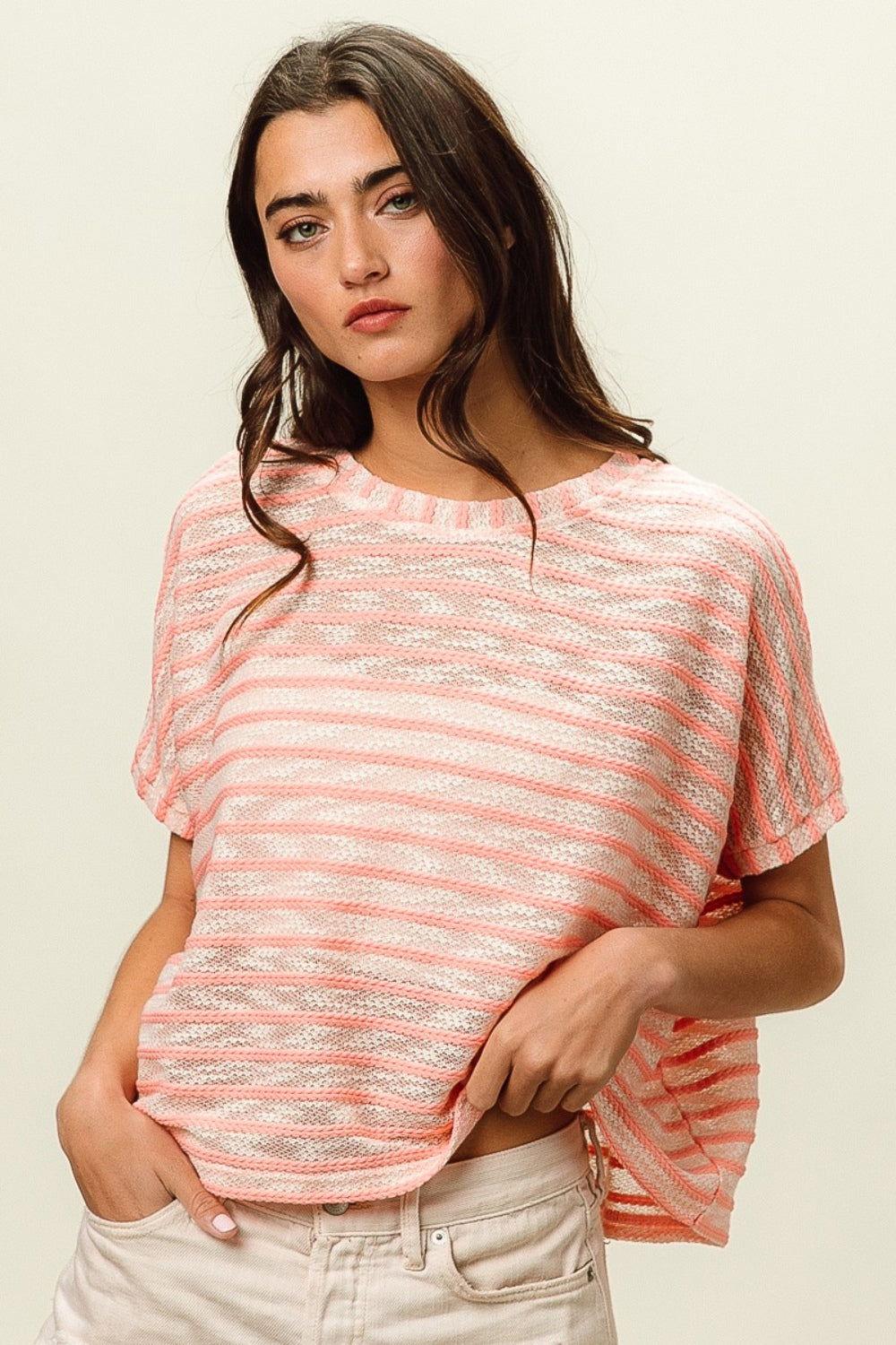 BiBi Braid Striped Short Sleeve Round Neck T-Shirt - Clothes For Her Online Store