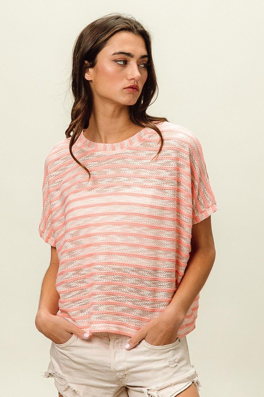 BiBi Braid Striped Short Sleeve Round Neck T-Shirt - Clothes For Her Online Store