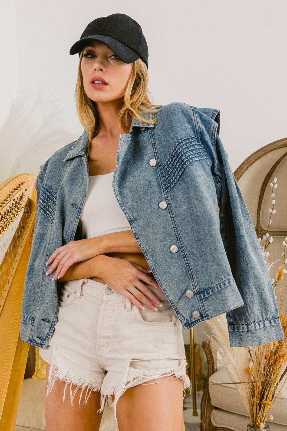 BiBi Button Up Long Sleeve Denim Jacket - Clothes For Her Online Store