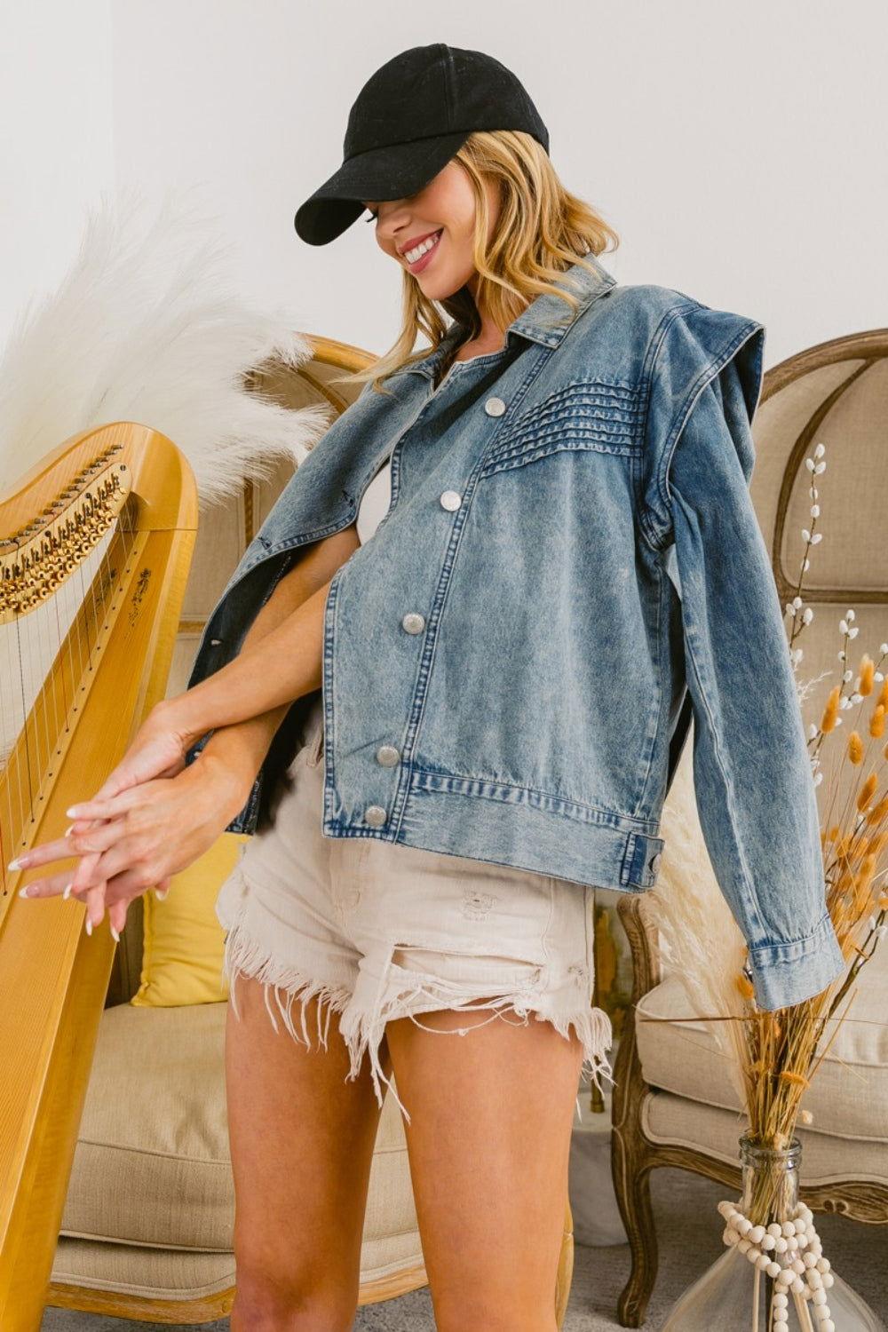 BiBi Button Up Long Sleeve Denim Jacket - Clothes For Her Online Store