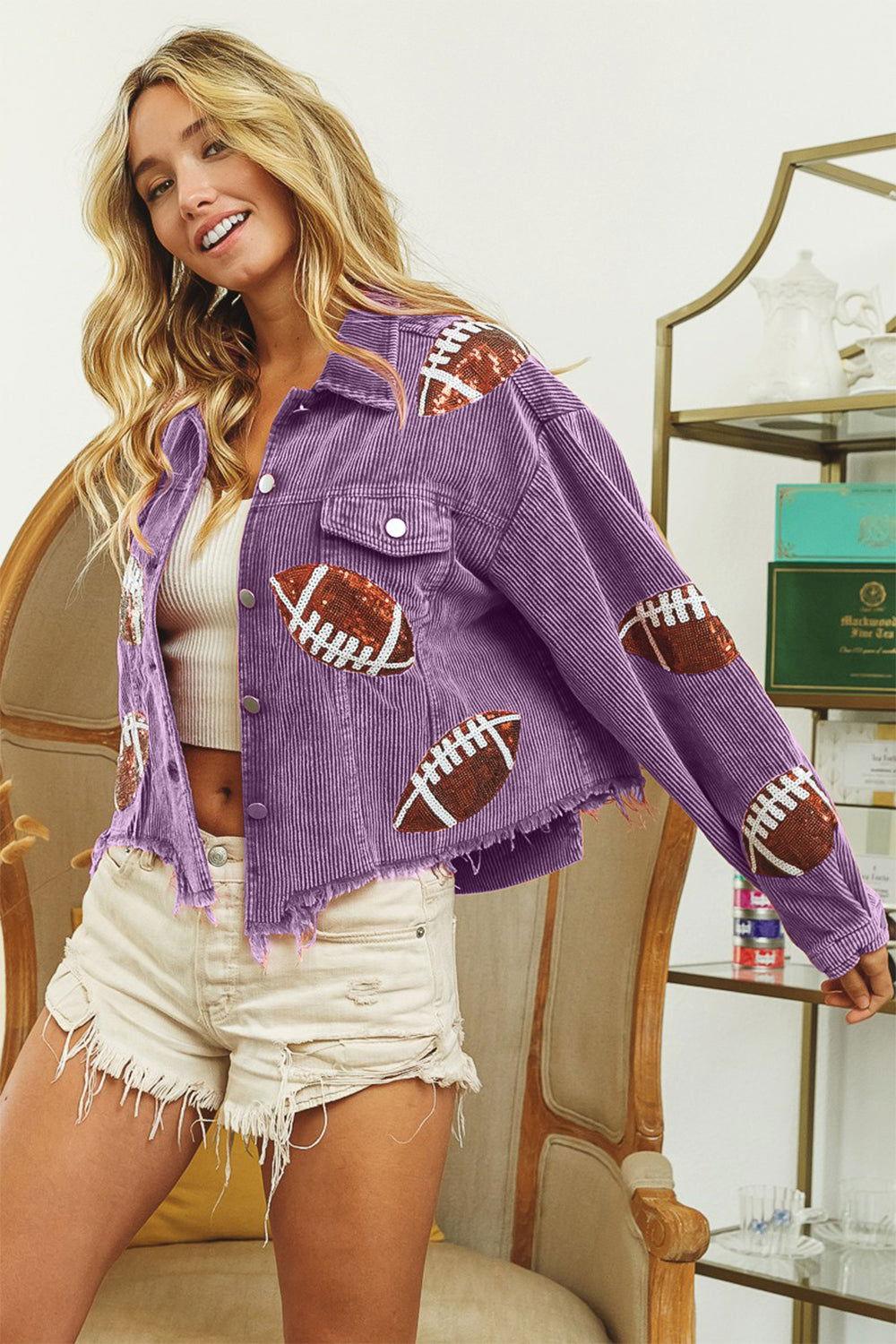 BiBi Football Sequin Embroidery Washed Corduroy Jacket - Clothes For Her Online Store