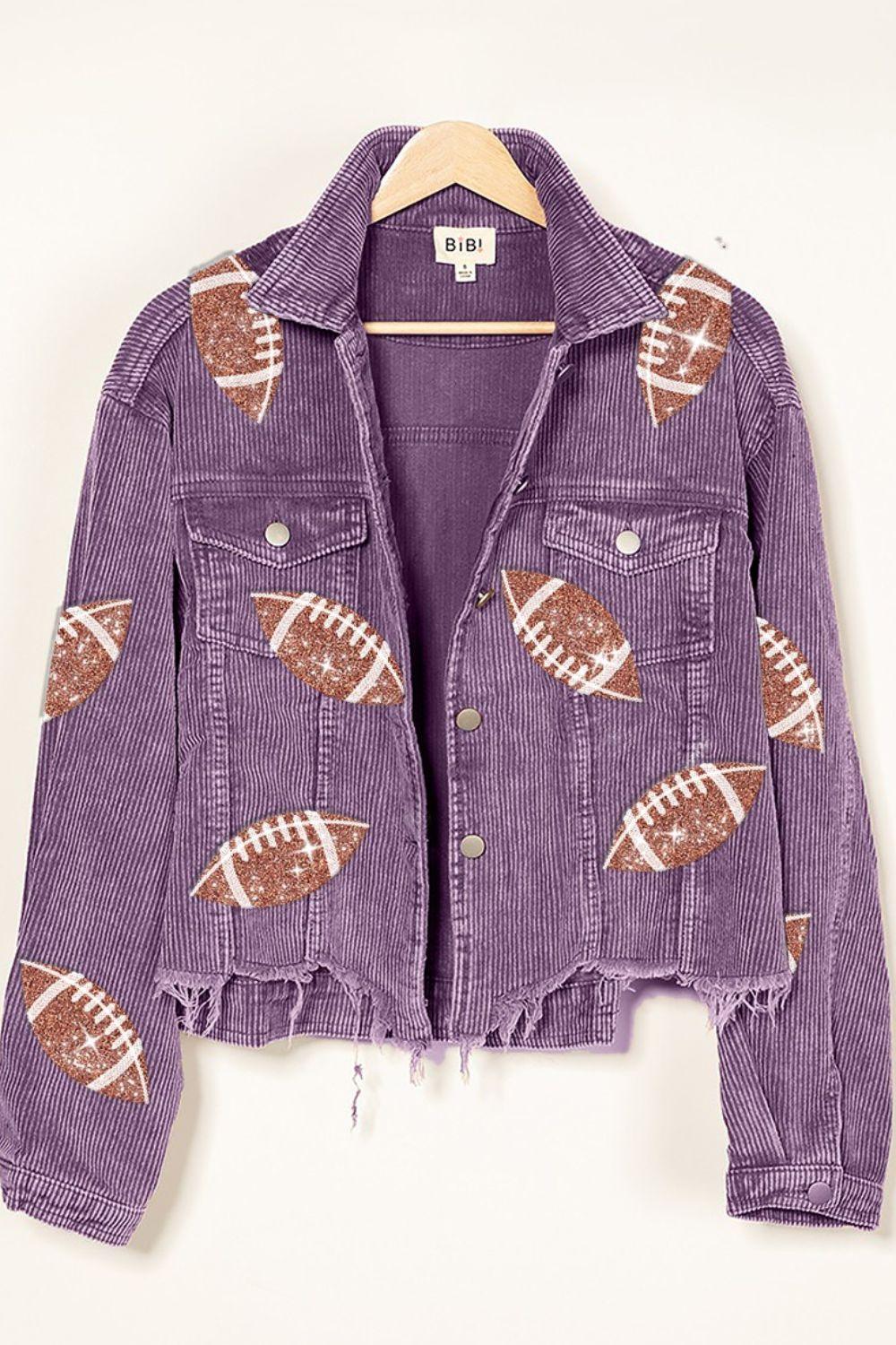 BiBi Football Sequin Embroidery Washed Corduroy Jacket - Clothes For Her Online Store