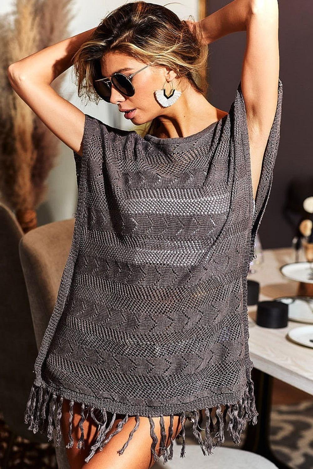 BiBi Fringed Hem Short Sleeve Knit Top - Clothes For Her Online Store