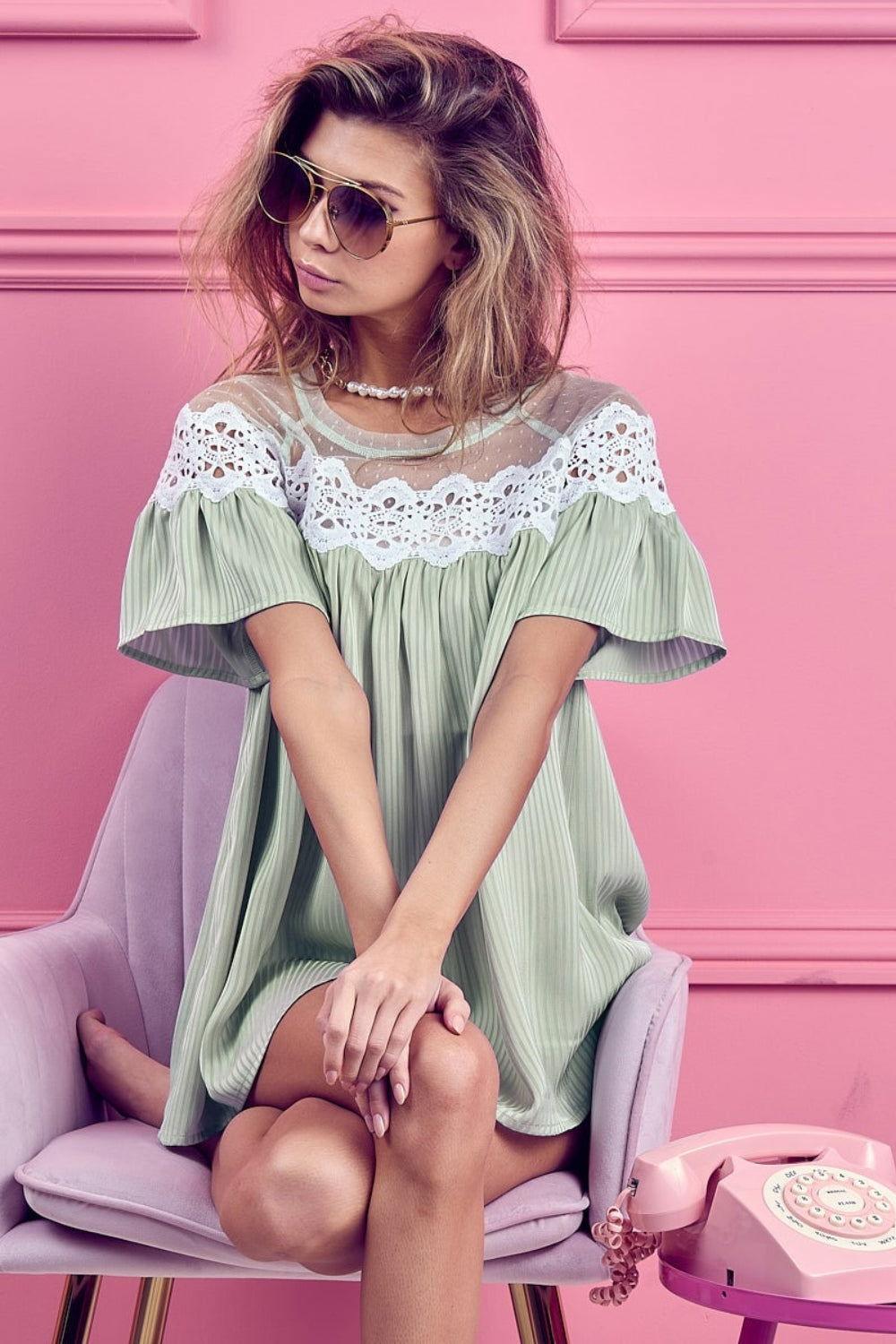 BiBi Lace Detail Short Sleeve Striped Blouse - Clothes For Her Online Store