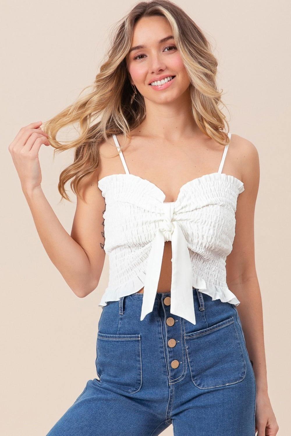 BiBi Ruffled Smocked Ribbon Detail Cami - Clothes For Her Online Store