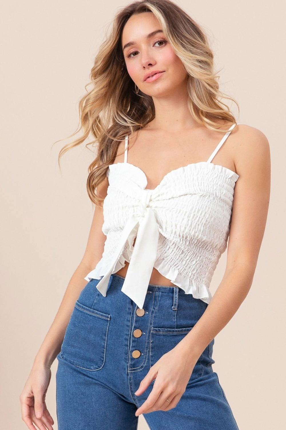 BiBi Ruffled Smocked Ribbon Detail Cami - Clothes For Her Online Store