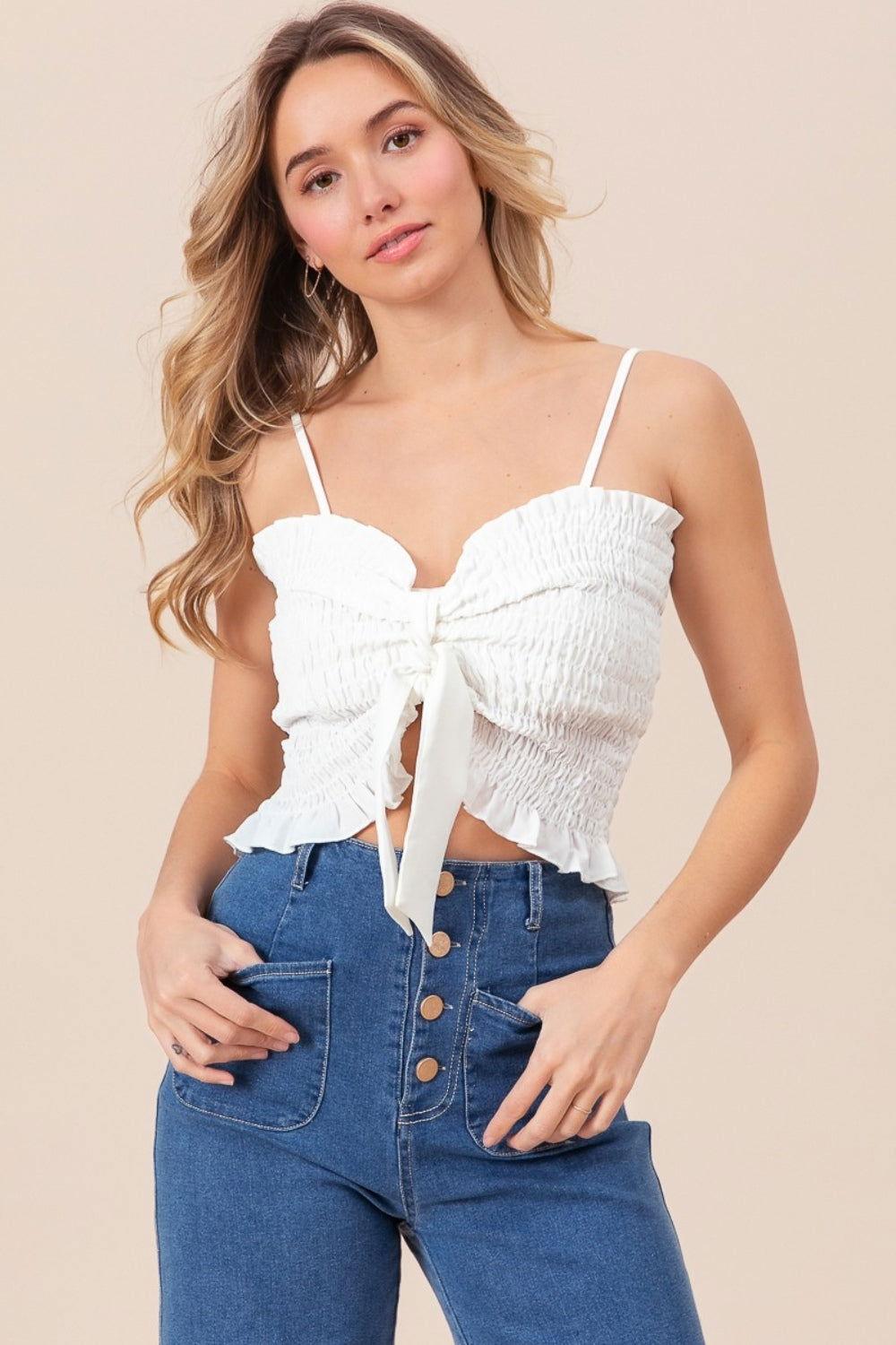 BiBi Ruffled Smocked Ribbon Detail Cami - Clothes For Her Online Store