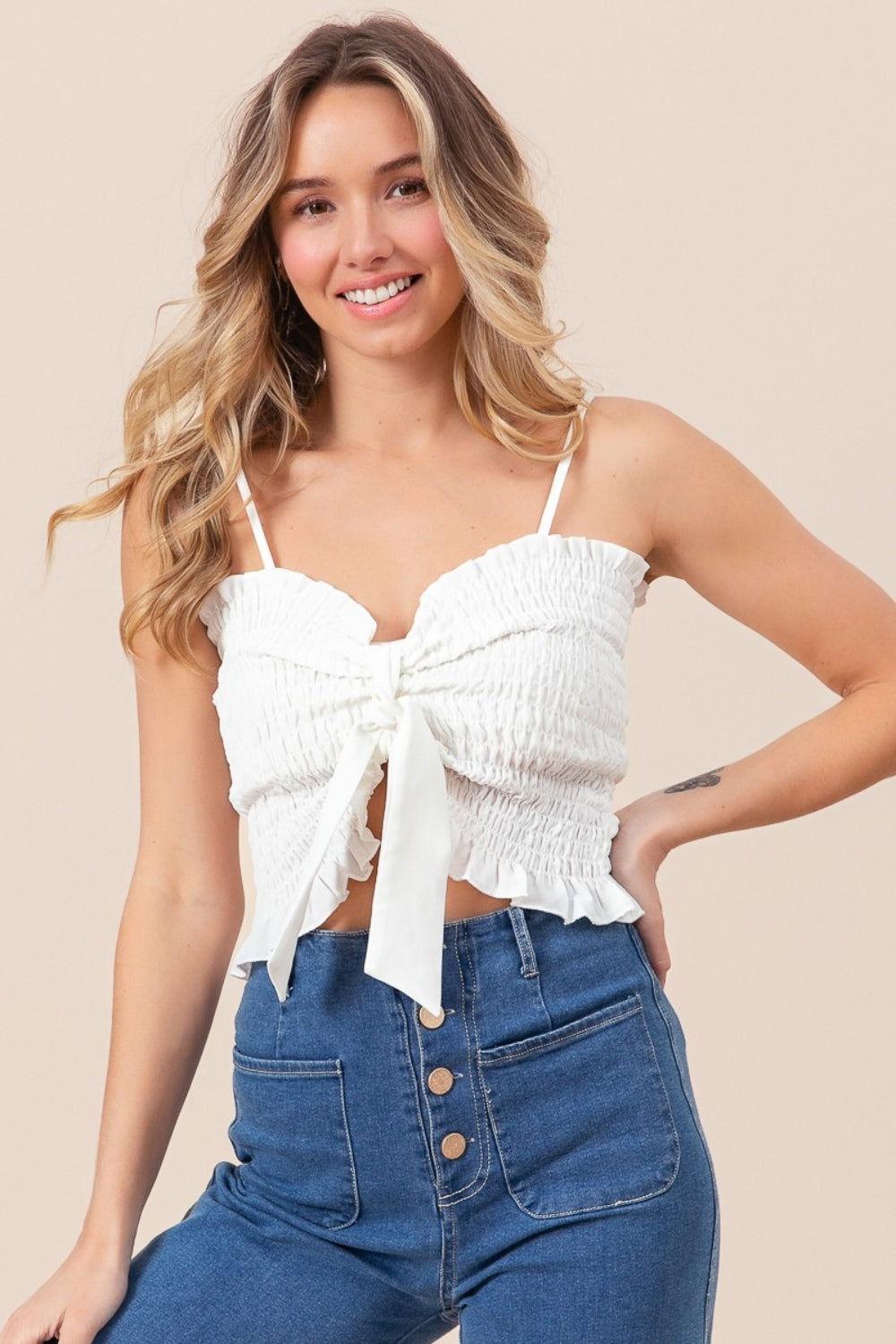 BiBi Ruffled Smocked Ribbon Detail Cami - Clothes For Her Online Store