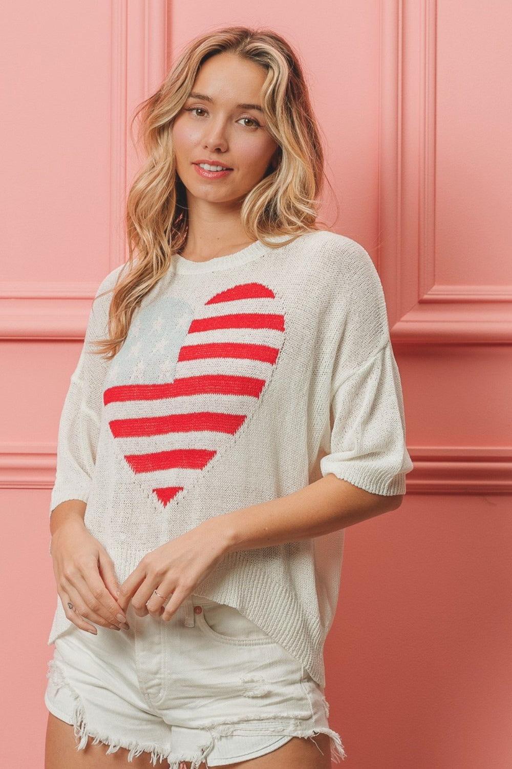 BiBi Striped Heart Contrast Knit Top - Clothes For Her Online Store