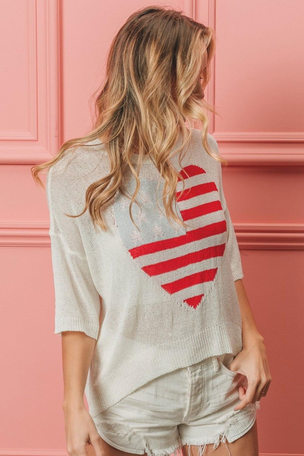 BiBi Striped Heart Contrast Knit Top - Clothes For Her Online Store
