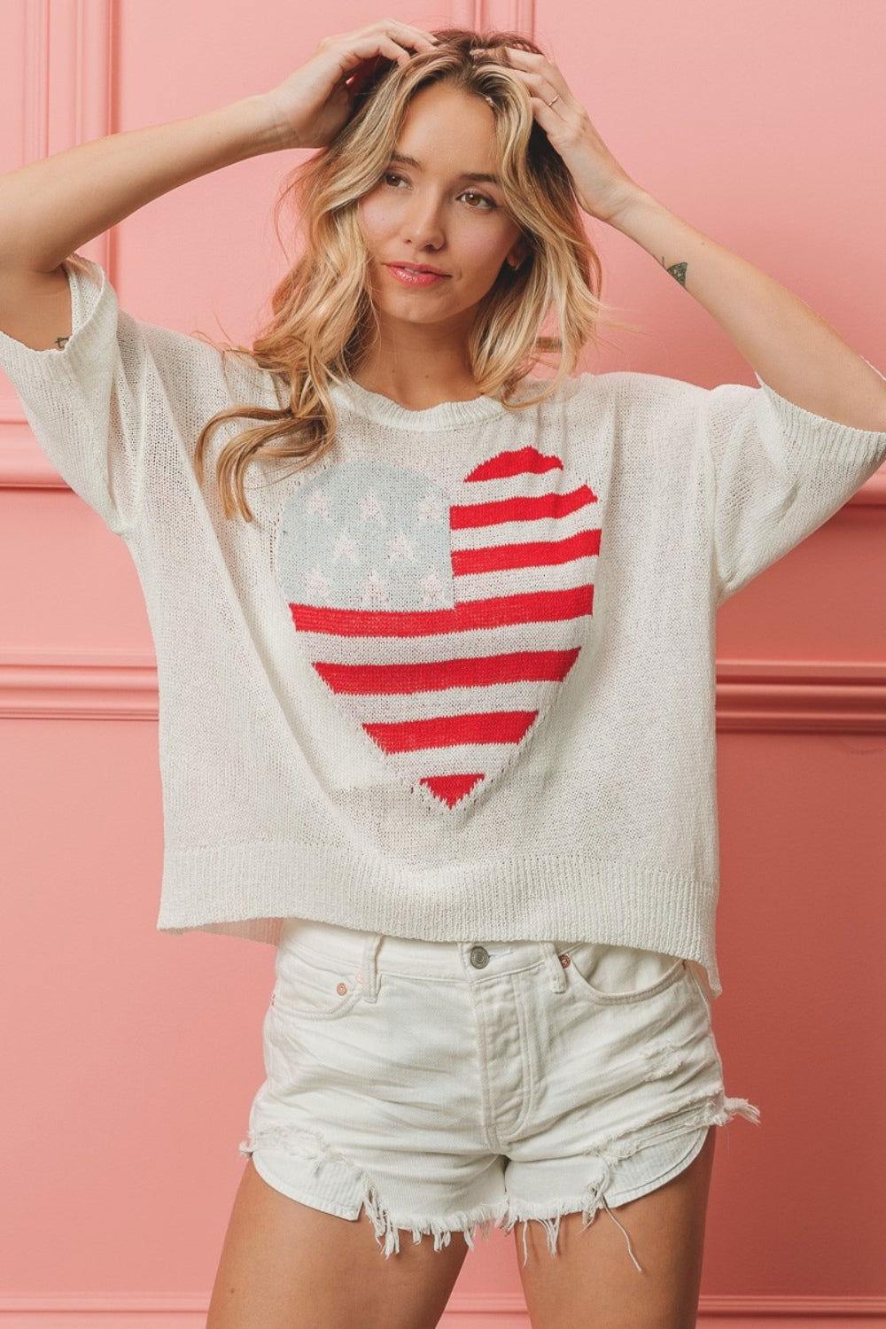 BiBi Striped Heart Contrast Knit Top - Clothes For Her Online Store