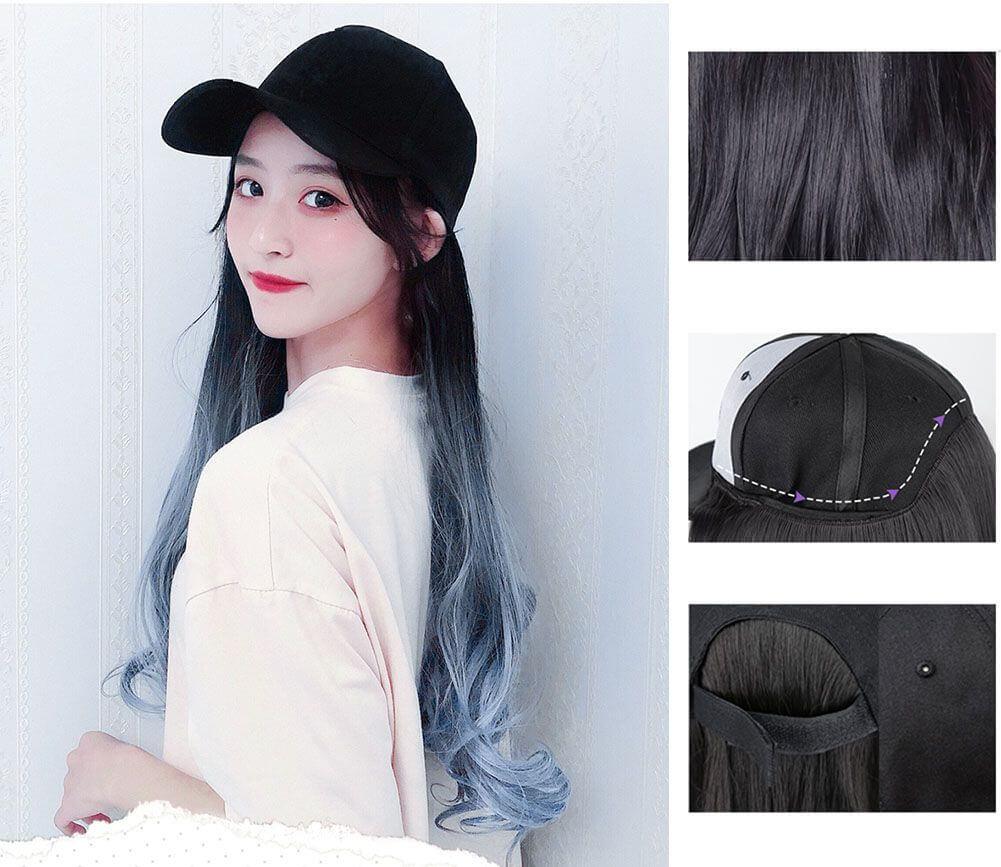 Black Baseball Cap with Grey Blue Long Wavy Wig Mixed Color Synthetic Hair Extension Hat Wig Cap - Clothes For Her Online Store