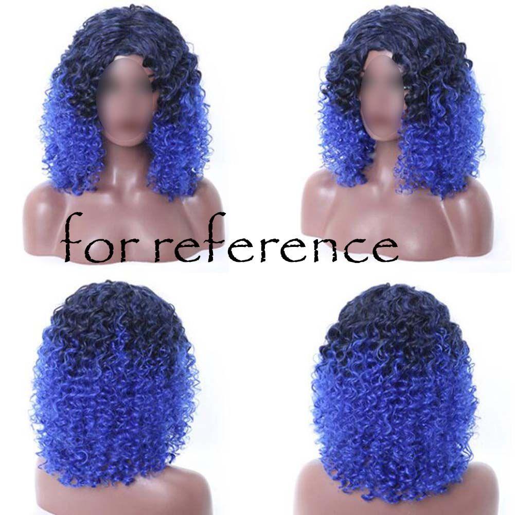 Black Blue Afro Hair Wig 2Tone Short Curly Fluffy Wigs with Bangs Synthetic Hair Full Wig,16 inch - Clothes For Her Online Store